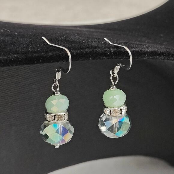 Blue Green Round Circular Iridescent Dangle Drop Earrings Fish hook Pierced - Picture 1 of 3